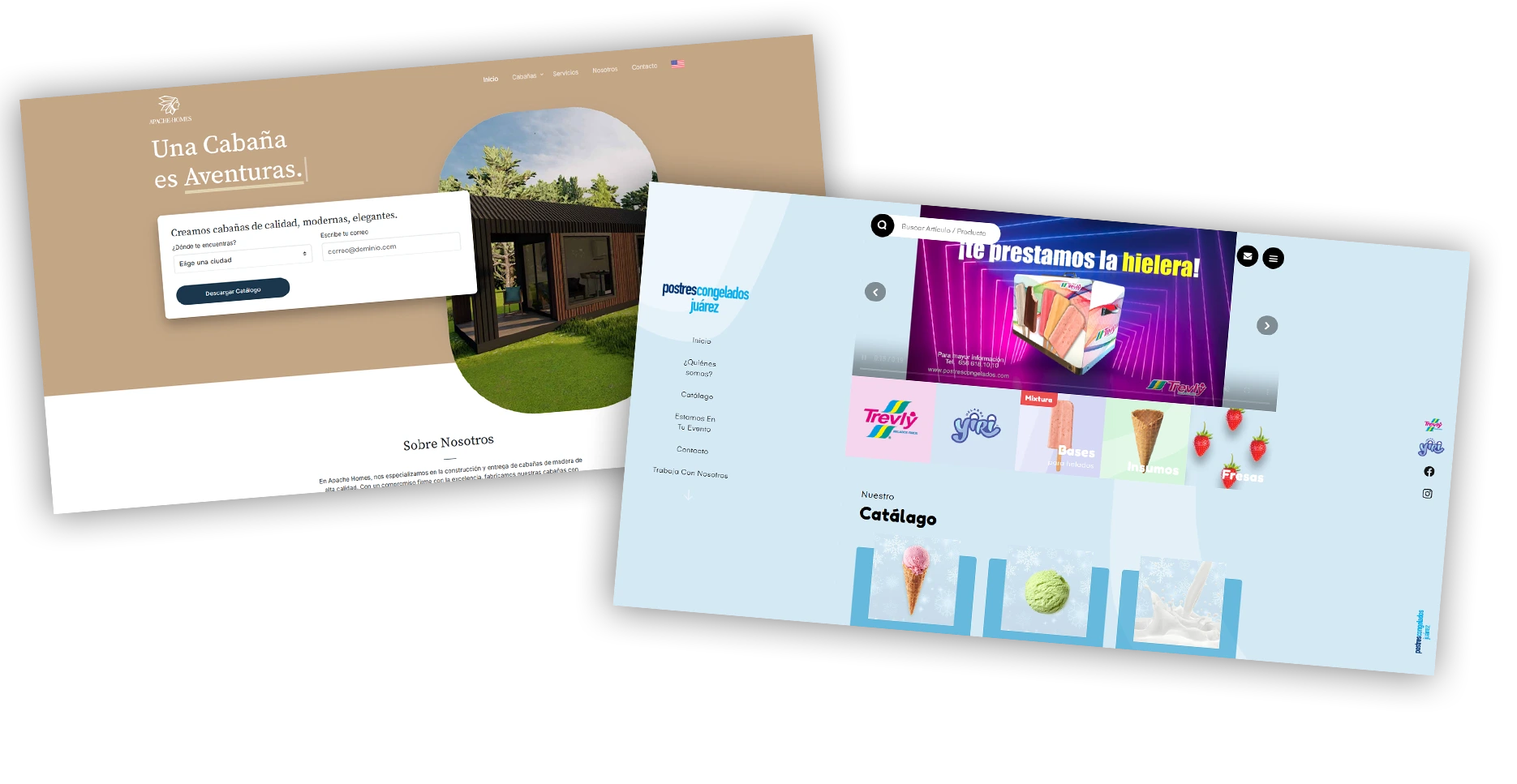 View of two website interfaces with modern and dark design. The first screen shows the title 'Behind the Code' with a rocket and dark background, explaining the origin of a community software project. The second screen presents a platform for finding speakers, with an attractive design, expert photos, and a prominent search button.